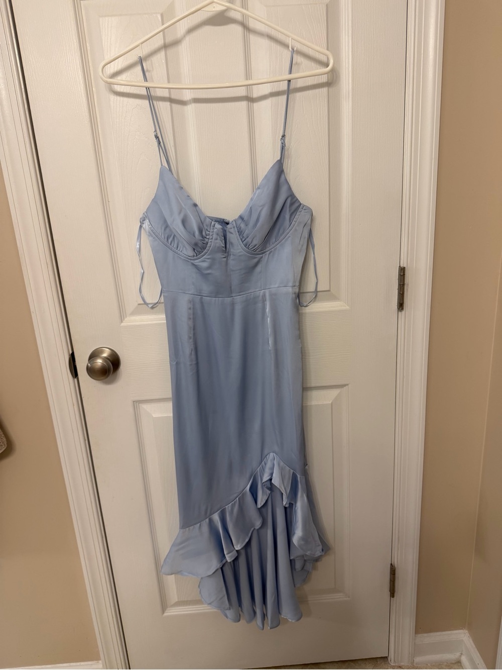 Selfie Leslie Light Blue Satin Midi Dress with Ruffled Asymmetrical Hem